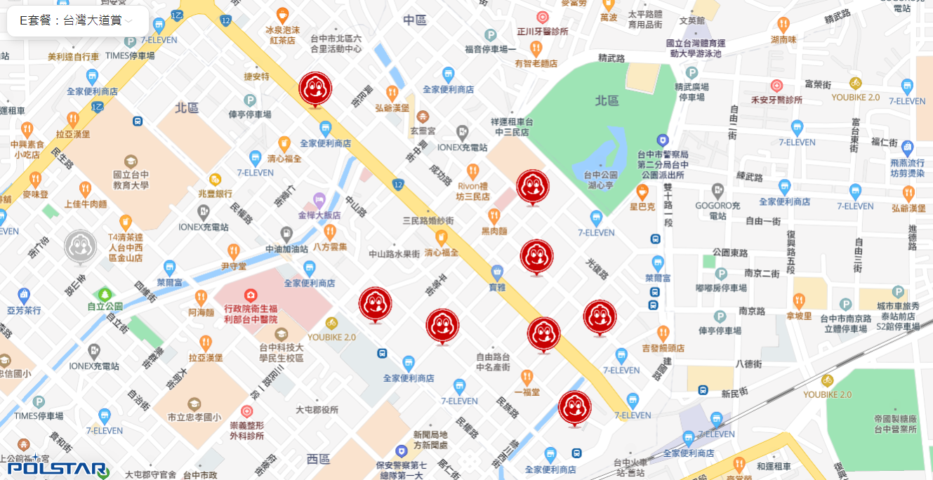 台中必比登餐廳地圖 台灣大道 富鼎旺豬腳  阿坤麵  富貴亭 上海未名酸梅湯麵點 范記金之園草袋飯 沁園春 醉月樓台灣菜